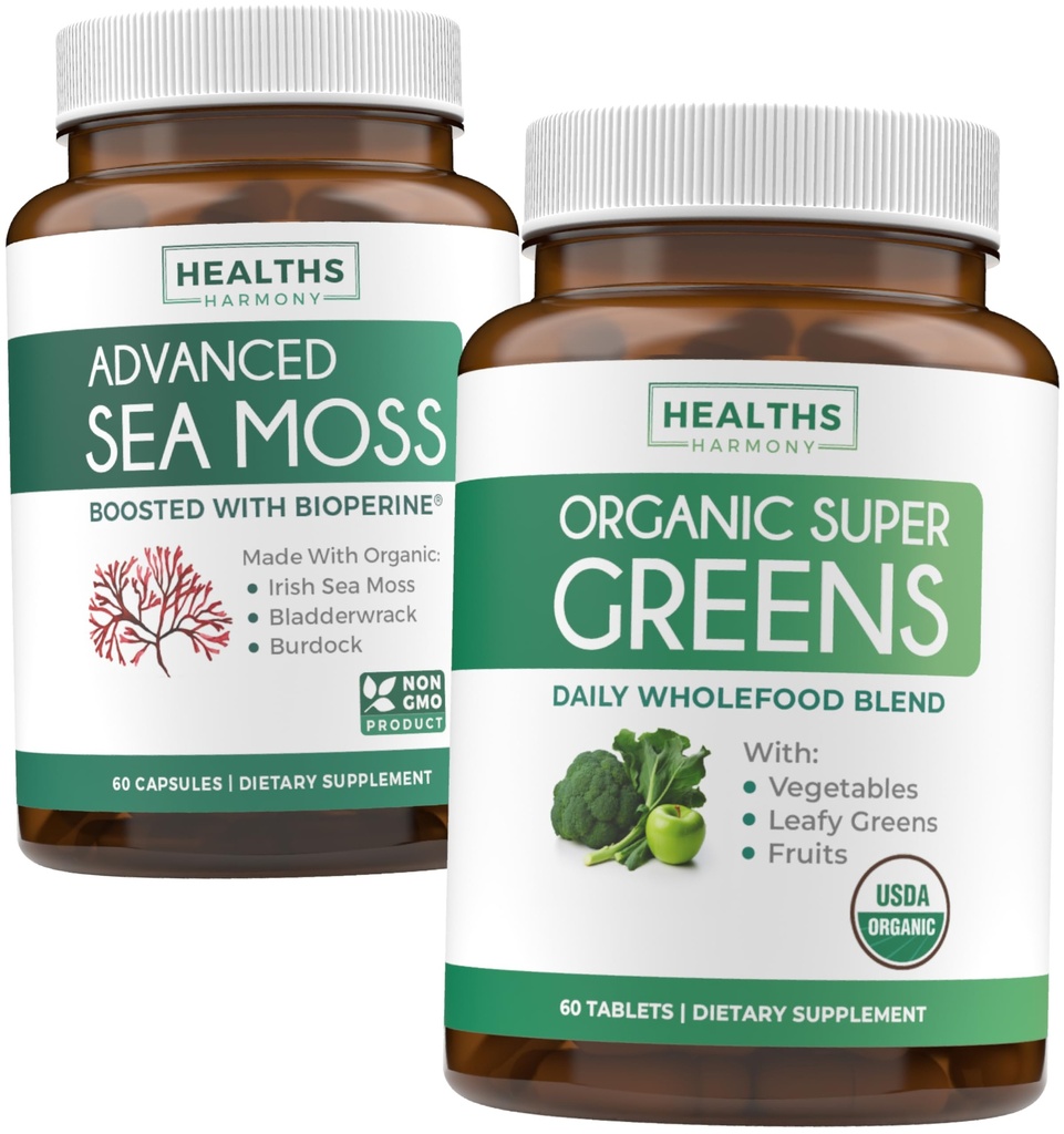 Irish Sea Moss & Organic Super Greens (1-Month Supply) Supercharge Duo Bundle - Organic Irish Seamoss - Raw Vegan Superfood (60 Caps) & Organic Greens Powder with 28 Fruits & Vegetables (60 Caps)