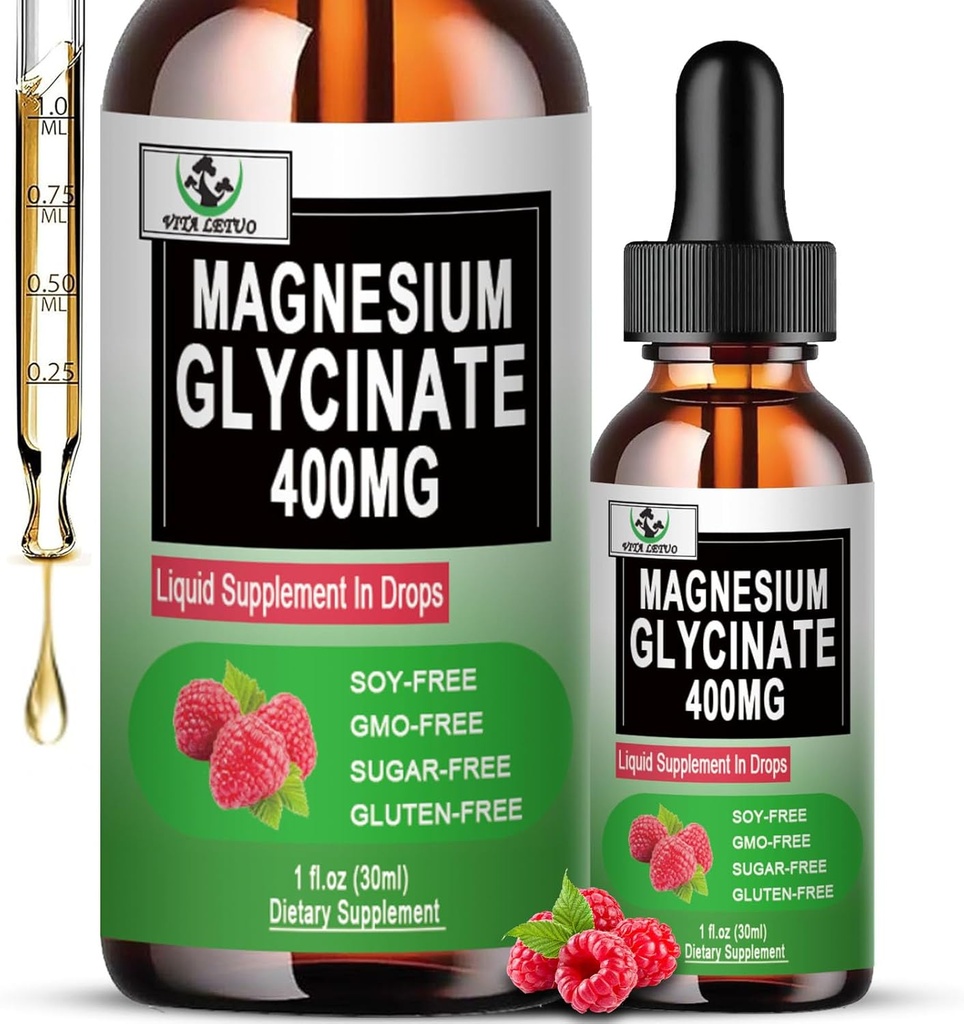 Magnesium Glycinat flüssige Tropfen, reines Magnesium Glycinat 400mg für Knochen, 6X hohe Absorption flüssige Magnesiumergänzung, Vegan, Non-GMO, Glutenfreie | 30 Servierungen