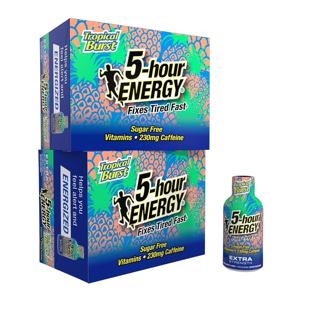 5-hour ENERGY Extra Strength Energy Shot, Tropical Burst Flavor (1.93 oz., 24 Count) Zero Calories & Sugar-Free 230 mg Caffeinated Shot, Amino Acids & B Vitamins, Dietary Supplements