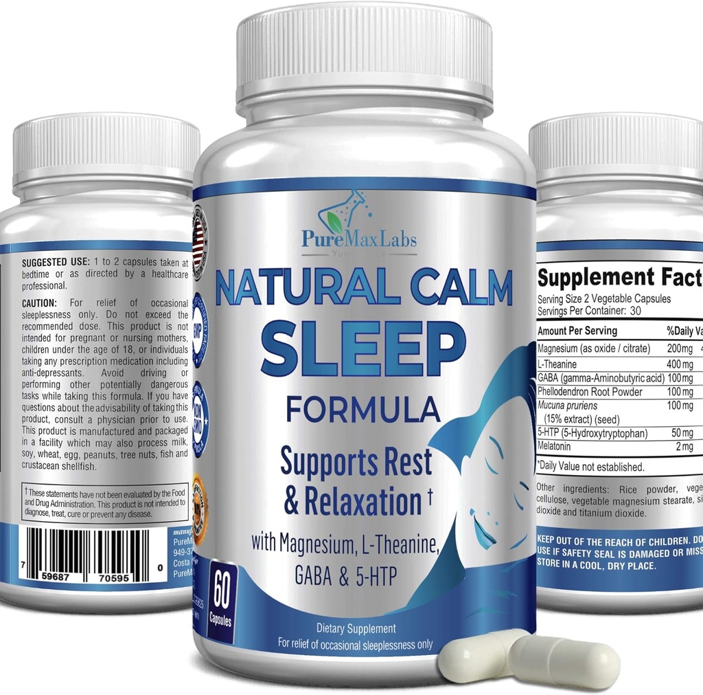Natural Calm Aid with Magnesium, L- Theanine, Melonalin, GABA, 5- Htp 124; Sleep Aid 124; Non- GMO - 60 Capsules