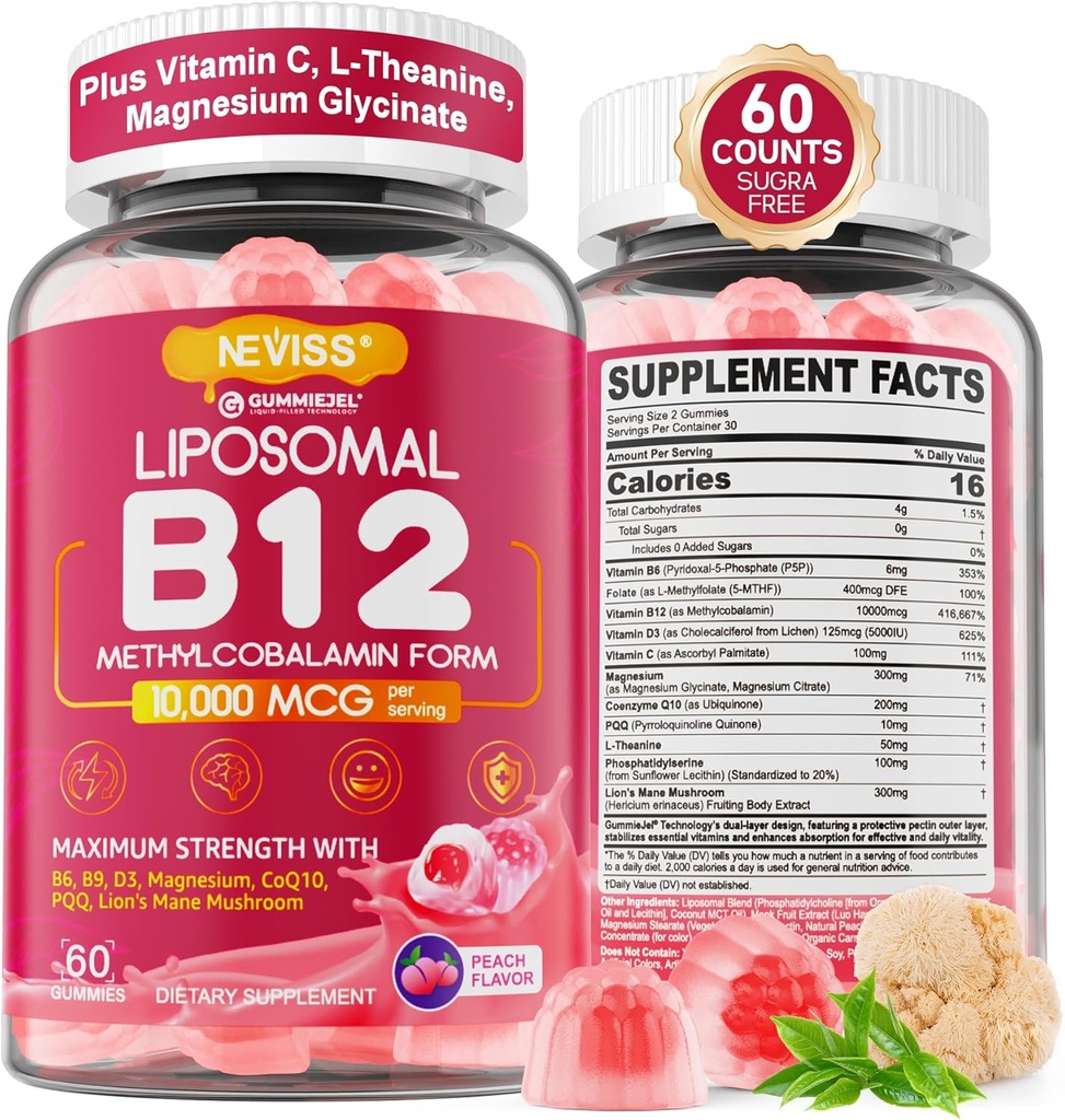 Metil B12 Gummies 5000 mcg / 10000 mcg w / L- Metilfolát, B6, Lion 's Mane Gomba, CoQ10, PQQ, Magnézium Glycinate, Extra Strength Liposomal B12 Vitamin Energia, Fókusz, Brain & Immunity 1Pack