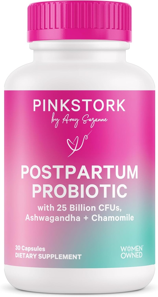 Probiotice roz Stork pentru femei postnatale - 30 Miliarde CFUS cu Ashwagandha și Mușețel, Postpartum Essentials pentru echilibru hormonal, suport de spirit, sănătate gută, Digestive Wellness, 30 capsule