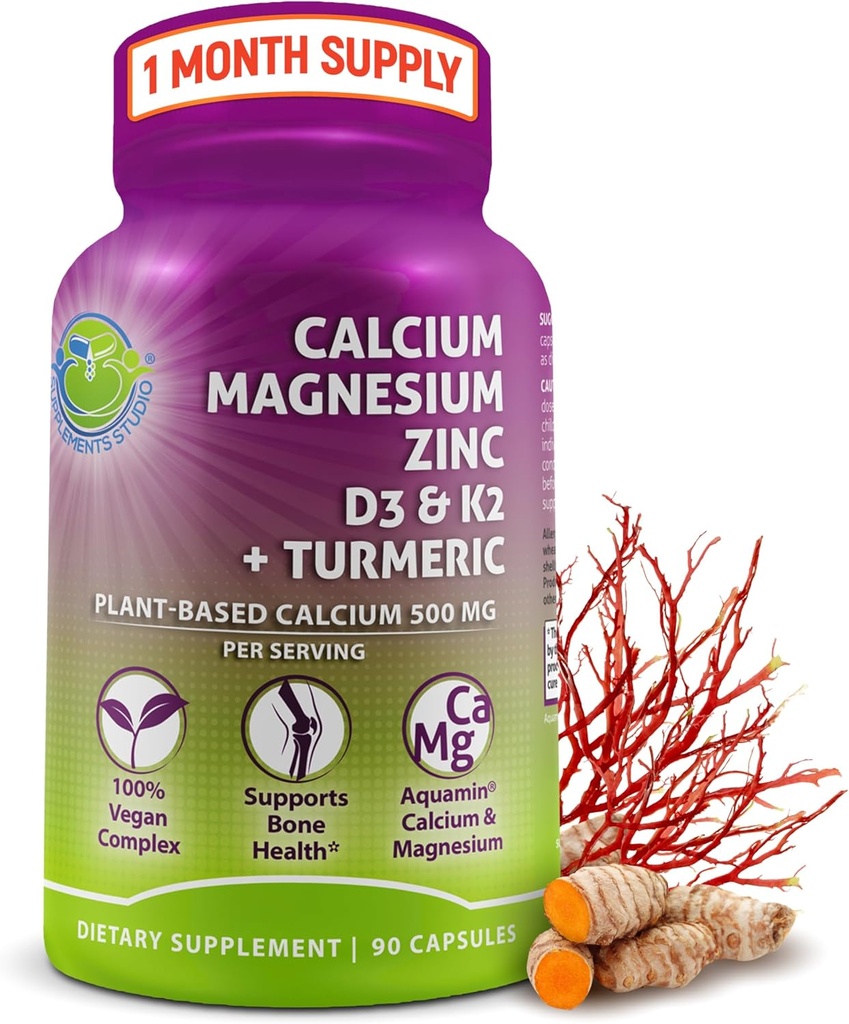 Plant-Based Calcci 500mmg (Aquamin)  2001- 04 Vegan Magnesi Zinc D3 amb Vitamina K2 i Orlandic Turmeric Bone i Muscle Sanitat i força, Imnevene Implementació de les dones i els homes - 90 comte