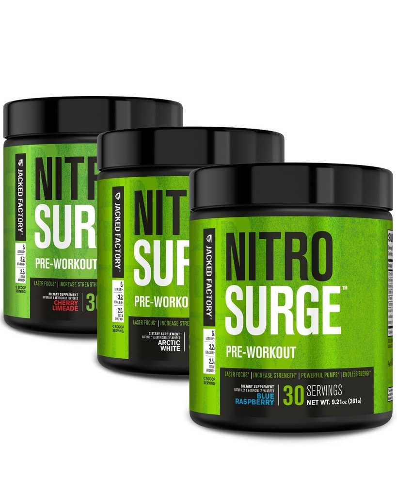 Jacked Factory NITROSURGE Pre Workout Supplement - Endless Energy, Instant Strength Gains, Clear Focus, Intense Pump | Cherry Limeade, Blue Raspberry, Arctic White (90 Servings)