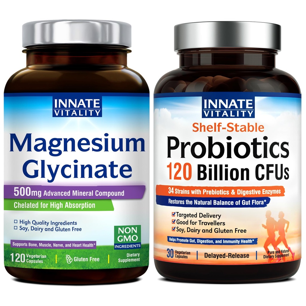 Innate Vitality Magnesium Glycinate & Probiotics 120 Billion Bundle, Non-GMO, No Gluten Dairy Soy & Vegan, Magnesium (120 Caps) & Probiotic (30 Caps)