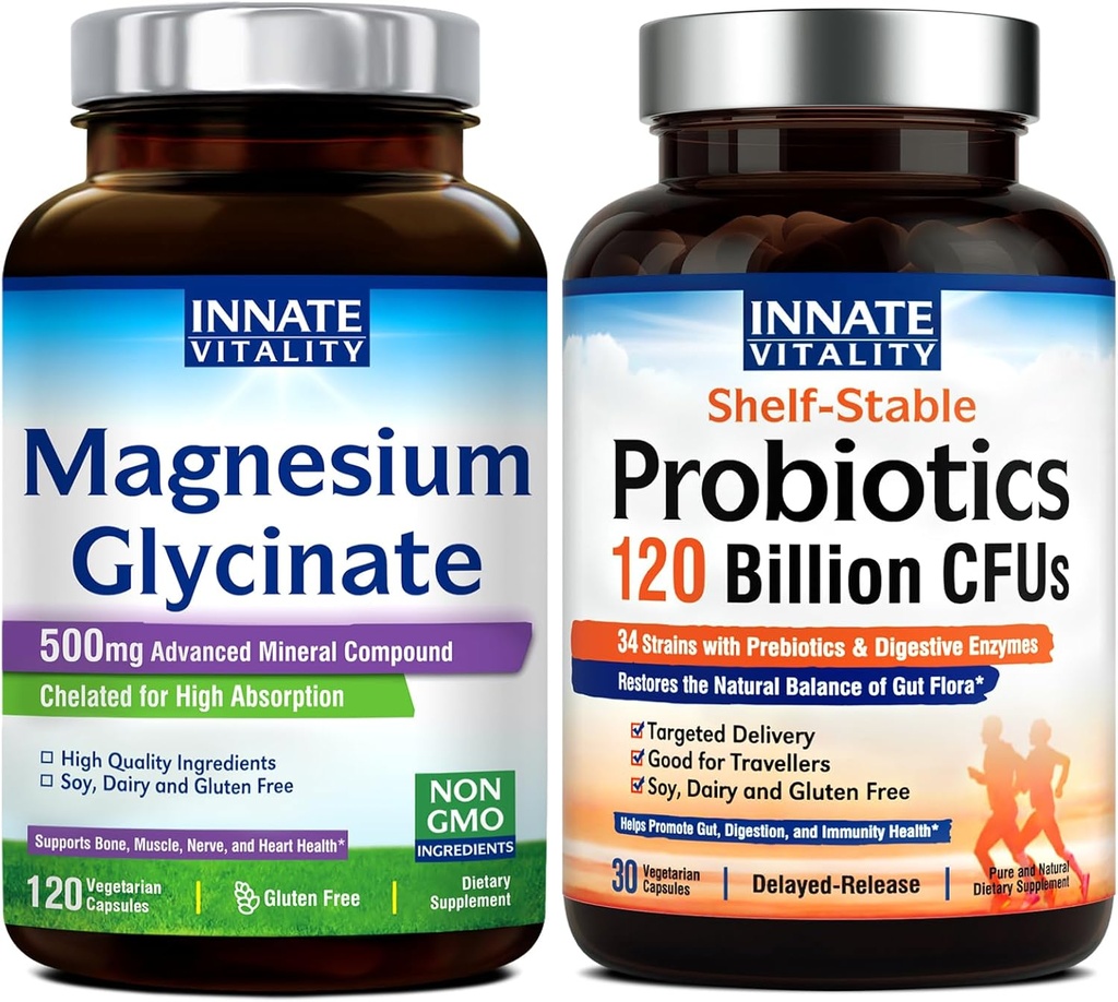 Narodená vitalita Magnézium Glycinate & Probiotiká 120 miliárd Bundle, Non-GMO, No Gluten Dairy Soy & Vegan, Horčík (120 Caps) & Probiotic (30 Caps)