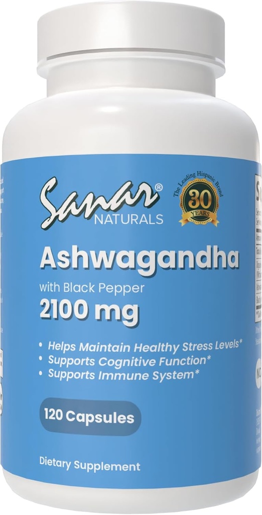 Sanar Naturals Ashwagandha 2,100 mg - Stress & Mood Support Supplement - promove Focus and Sustained Energy, Ashwaghanda Powder and Root Extract Blend con Black Pepper - Non-GMO, 120 cápsulas