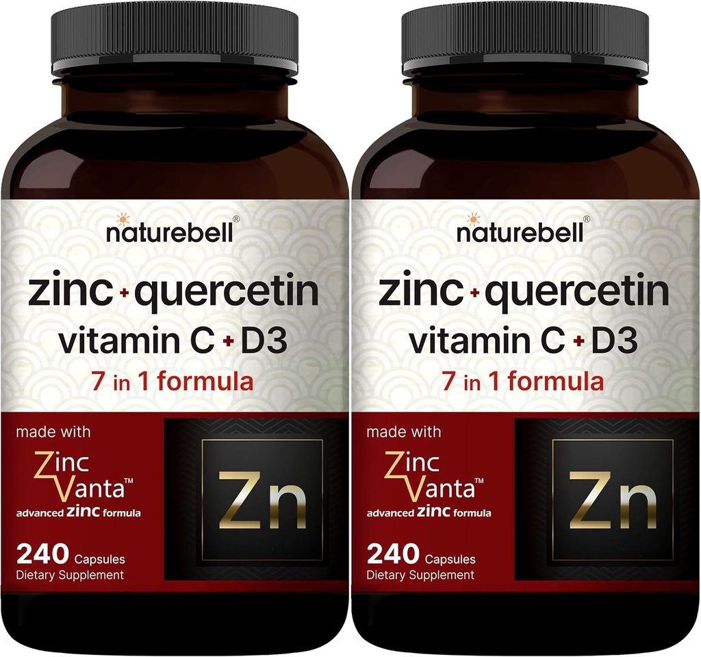 NatureBell Zinc Quercetin with Vitamin C & D3, 480 cápsulas (2 Pack) ← Quercetina 1000mg + Zinc 50mg + Vitamina C 250mg + Vitamina D3 5,000 UI ANTE 4-en-1 Advanced Immune &amp; Lung Support ← ZincVanta Formula