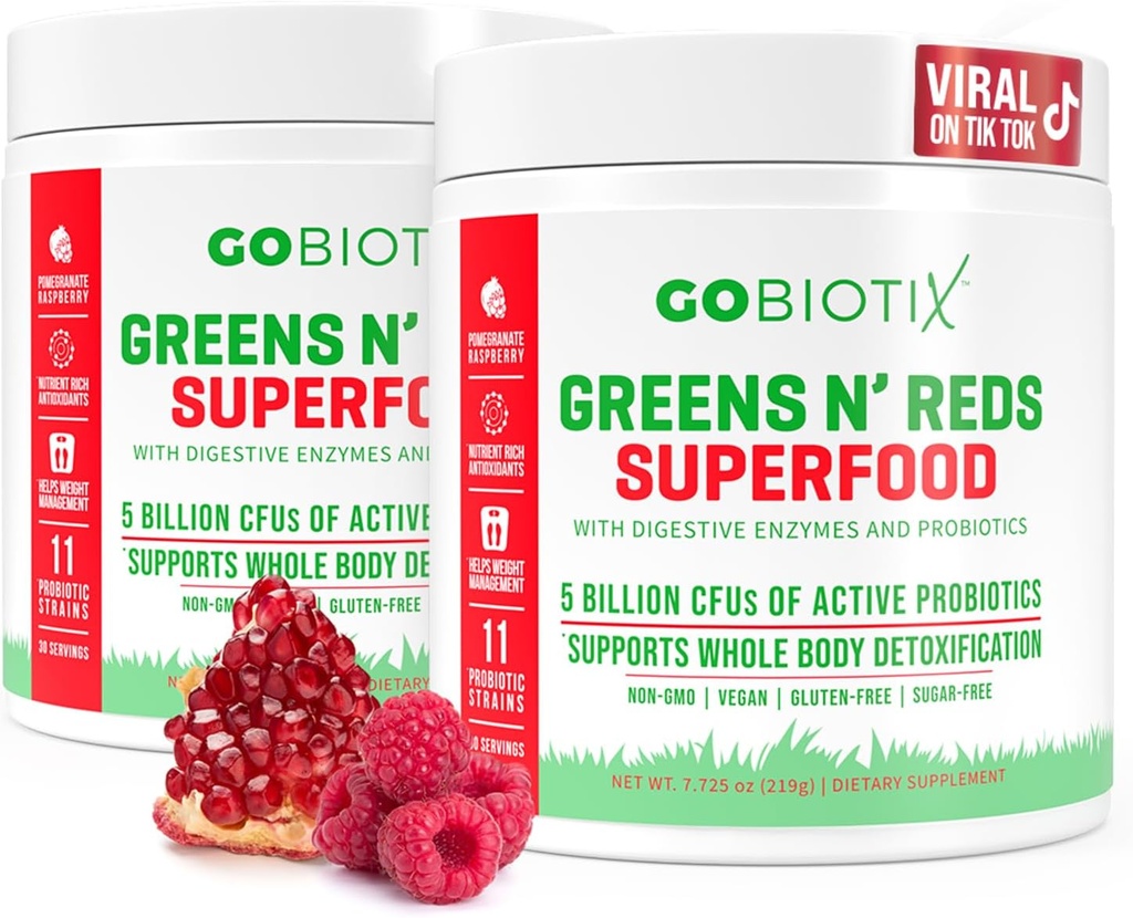 GOBIOTIX Super Verdes y Rojos Polvo - Superalimentos Rojos y Verdes - Suplemento Probiótico - Enzimas Digestivos y Polvo de Hoja - Suplemento dietético Orgánica Total de Alimentos (Pom Raspberry, 2 Pack)