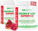 GOBIOTIX Super Greens and Reds Powder - Superfood gorria eta berdea - Osagarri probiotikoa - Enzymes Digestive eta Beet Root Powder - Elikagai osoen dieta osagarri organikoa (Pom Raspberry, 2 Pack)