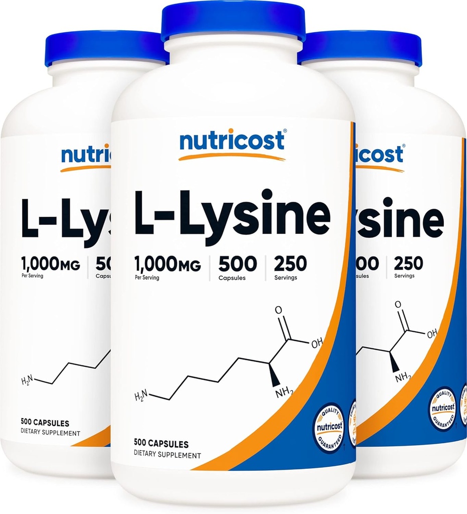 Nutricost L-Lysine 500mg (1000mg servering), 500 kapslar (3 flaskor)