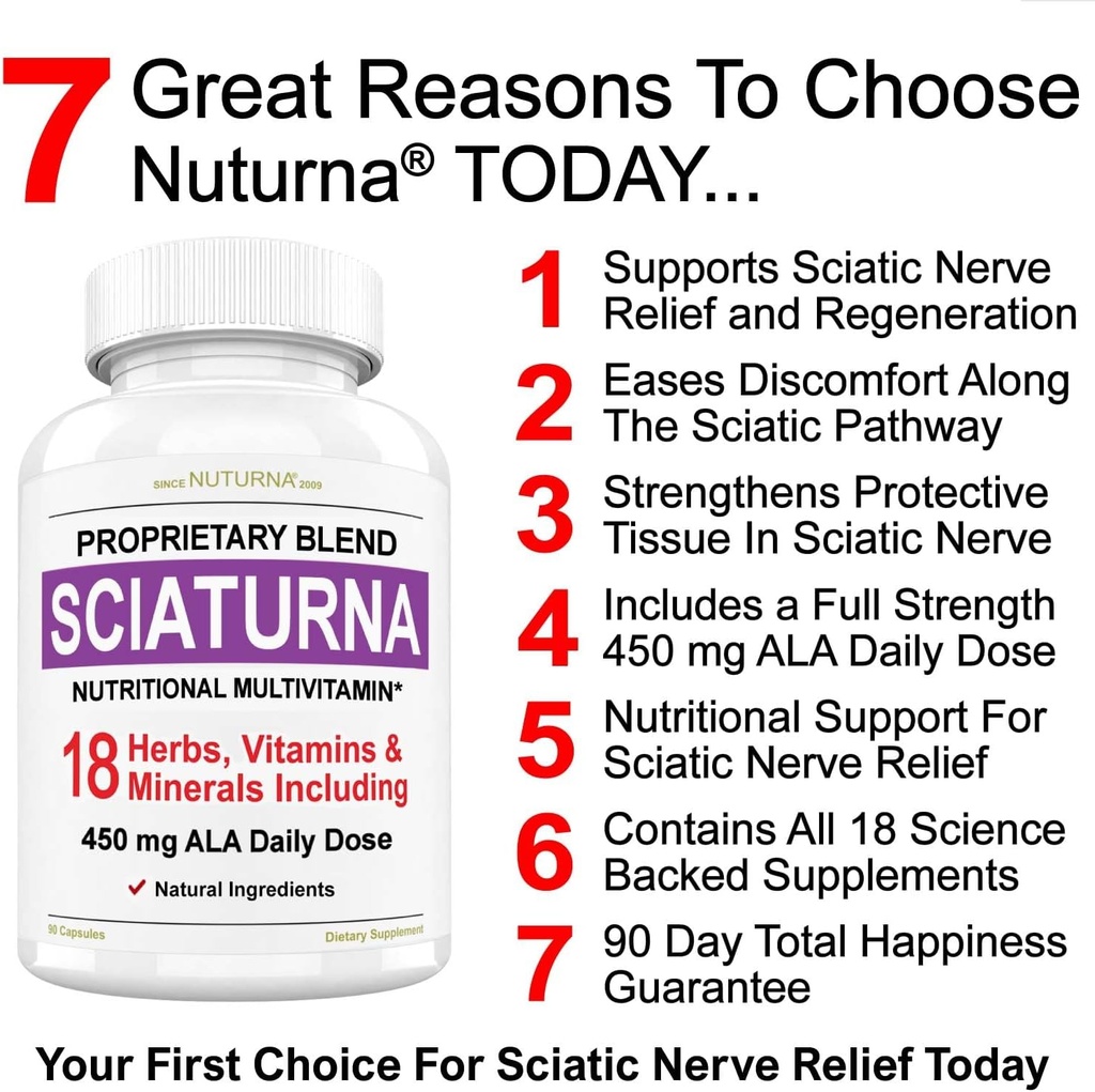 Sciatic Nerve Relief Support Supplemento con 450 mg Alpha Lipoic Acid - 18 in 1 Formula Super per Back Basso, Hip, Lumbar, Thigh, Leg, Foot - Miglior supporto naturale Sciatic Nerve Relief - 90 Capsule
