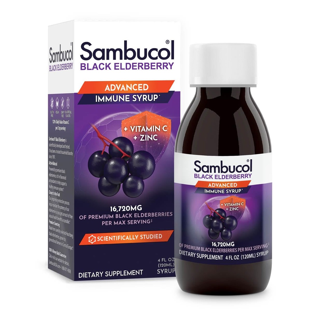 Sambucol Advanced Black Elderberry Syrup - Elderberry med zink og C-vitamin til voksne, Sambucus Elderberry Syrup, Elderberry Liquid - 4 Fl Oz