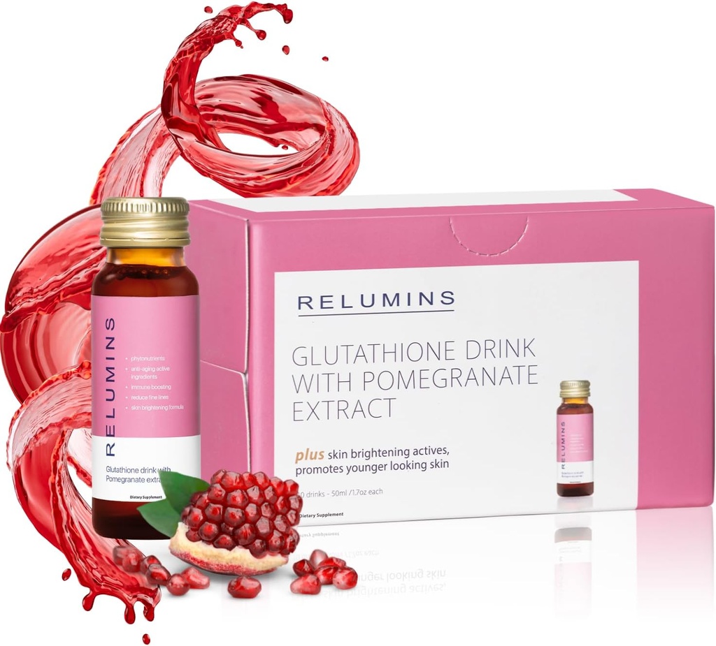 Relumins 글루타티온 하이드로 션 샷 - 포스트 여름 스킨 복구 및 추운 날씨 하이드로 션 - Collagen-Boosting & 미국에서 만든 - 석류 맛 - 10 병 x 50 ml