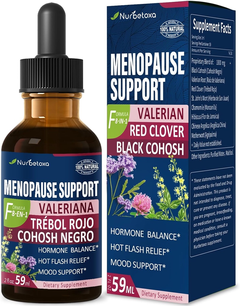Black Cohosh Menopauza Support Drops, Phytoestrogen doplňky W / Red Clover, Motherwort & St. John 's Wort Extract for Hot Flashes, Night Sweats & Comfort. Cimicifuga para Menopausia.