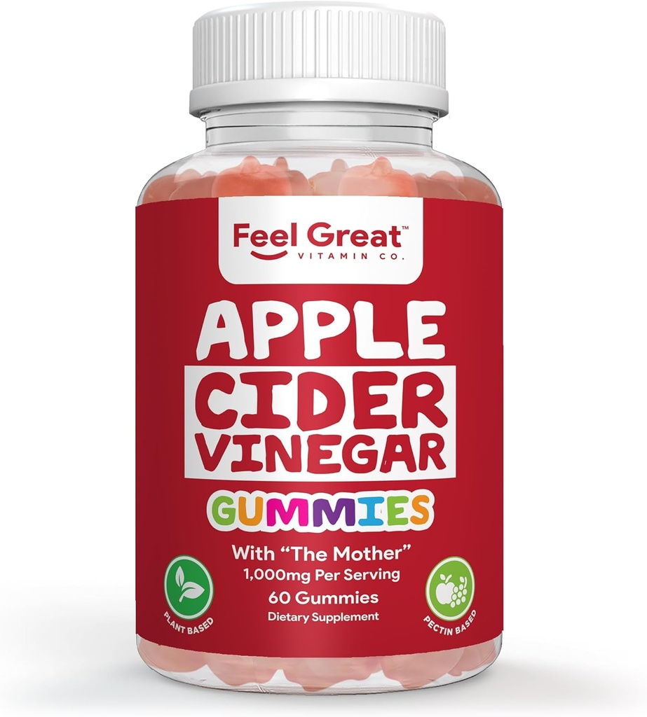 Feel Great Vitamins Apple Cider Vinegar Gummies - ACV with The Mother for Digestive Support & Daily Wellness - Vegan, Non-GMO, 60 Gummies