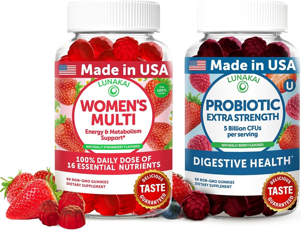 Lunakai USA fixo mulleres multivitamínico & Probiótico Gummies Bundle - 16 multi vitaminas e probióticos para o soporte de dixestión - 60ct cada un