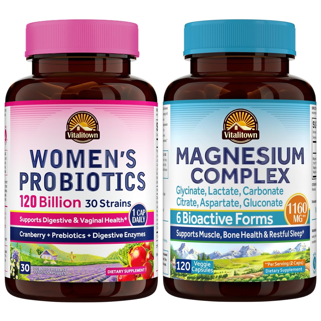 Vitalitown Probiotic + Magnesium Bundle (Pack of 2) | Women's Probiotics (Item 1) & Magnesium Complex (Item 2) | 30 Probiotic Capsules & 120 Magnesium Capsules