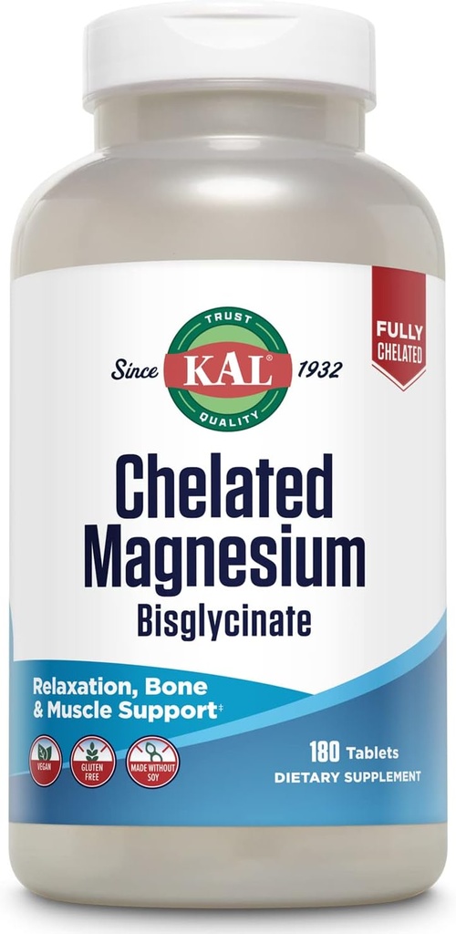 KAL Chelated Magnesium Bisglycinate, Magnesio Supplemento per il rilassamento, Bone Health, Nerve & Muscle Function Support*, Alto assorbimento, Digestione Gentle, Vegan, Gluten Free, 60 Servings, 180 compresse