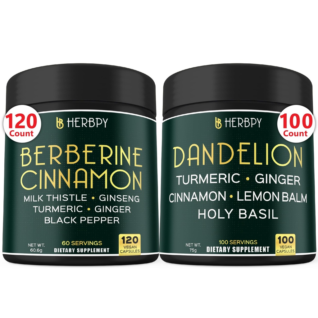Herbpy Bundle 7in1 Berberine HCl & 6in1 Dandelion Supplement - Support Immune, Digestion and Heart Health