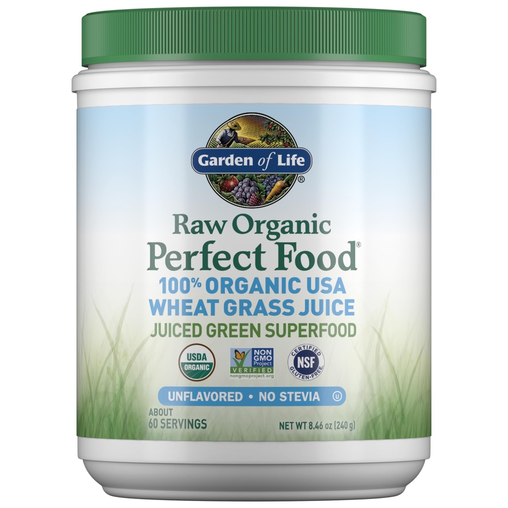 Garden of Life Raw Organic Perfect Food 100% Organic USA Wheat Grass Juice - Juiced Green Superfood Greens Powder, 60 Servings - Stevia-Free, Non-GMO, Vegan, Gluten Free Whole Food Dietary Supplement