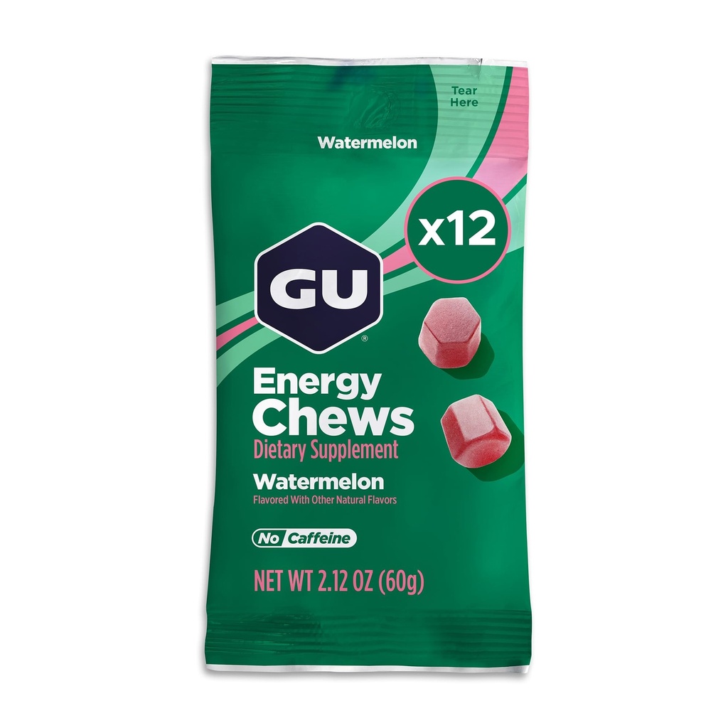 GU Energy Chews, Watermelon Energy Gummies with Electrolytes, Vegan, Gluten-Free, Kosher, Caffeine-Free, and Dairy-Free On-The-Go Energy for Any Workout, 12 Bags (24 Servings Total)