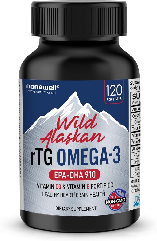 NANOWELL Wild Alaska rTG Omega- 3 Fish Oil 1196mg - EPA, DHA, Vitamin D3 & E - 120 Softgeels, 60 Day Supply