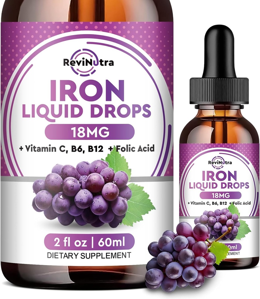Liquid Iron Supplement for kvinner, menn og barn - flytende jerndråper med folat, vitamin C, B6, B12 for anemi, rød blodcelle, energistøtte - Grape Flavor, 2 Fl Oz