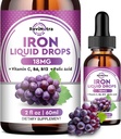 Líquid Iron suplementari per a Dones, homes i nens - Cau d'olis de Ferro amb Frute, Vimina C, B6, B12 per a Aemia, Cel·lular Roja, energia - Grape Flavor, 2 Oz