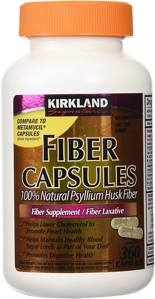 Fiber kapslar Kirkland Therapy för reglering / Fiber Supplement, 360 kapslar - Jämför med den aktiva ingrediensen i Metamucil kapslar