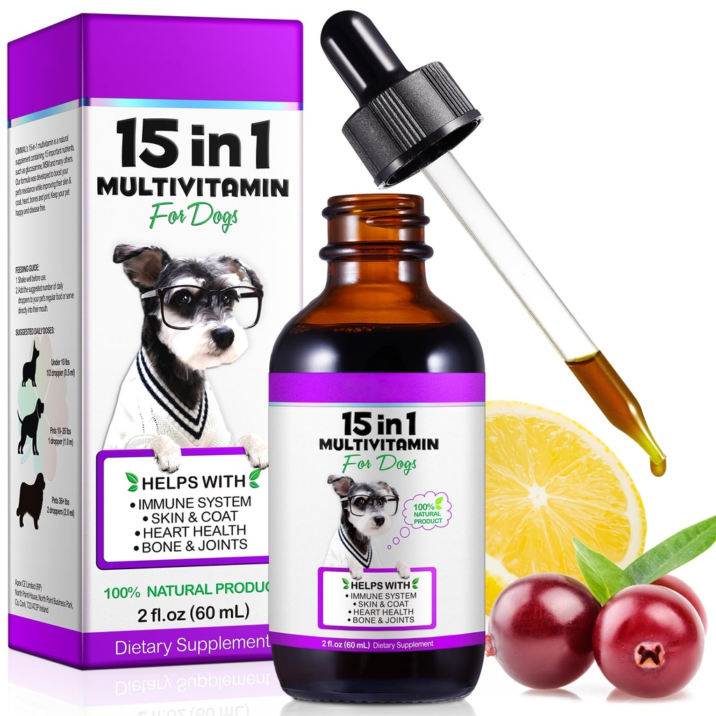 Dog Multivitamin,15 in 1 Dog Multivitamin Liquid Drops Supplements, Dog Vitamins for Heart Health, Bones, Joint, Skin & Coat, Bladder, Immune System Support 60ml