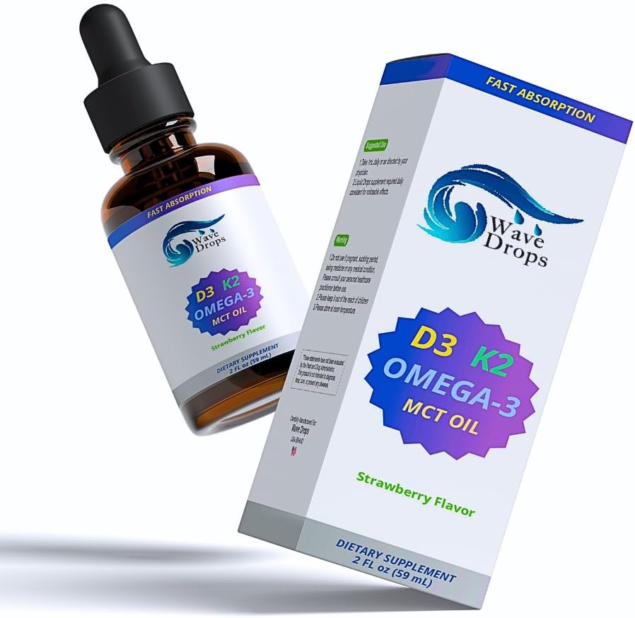 Maximální síla vitaminu D3 a K2 + MCT Olej a Omega 3: Kapalné kapky pro imunitní systém, funkce mozku a energie (No Fillers, Non- GMO, 2 Fl Oz)