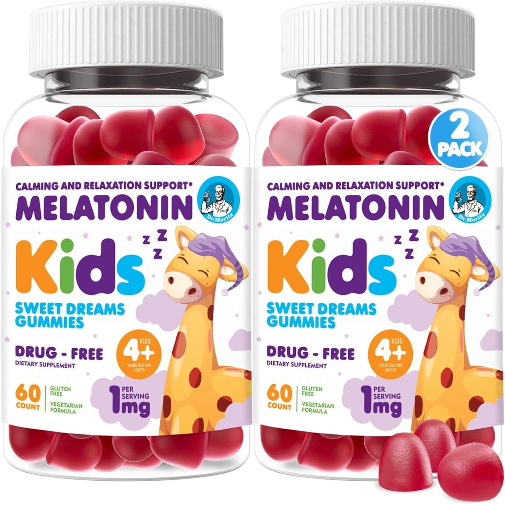 Dr. Moritz Melatonin สําหรับเด็ก, เวก้า Sleep Adid Supples with Low Sween, chool and kidd Melatonin Gummies with Strawberry Flavor, สําหรับวัย 4+, 60 เคานต์