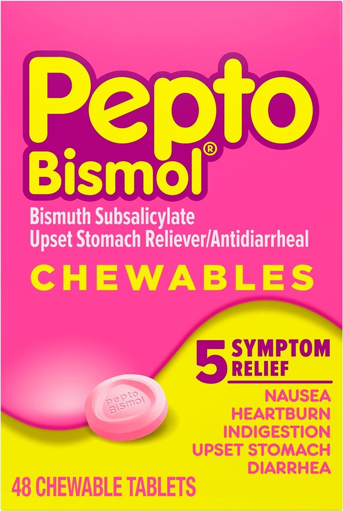 Pepto Bissol Chewtable Tables for Nausea, Fartburn, Indigestion, Upet Stomach, and Refectia - 5 Symptom Friginal Farvor, 48 ct