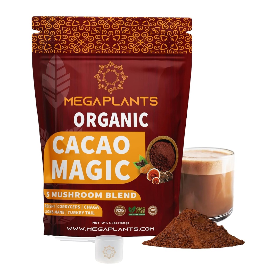 MegaPlants Cacao Magic (50 zerbitzatu) | Superfood 5 perretxiko nahasketa | Lions Mane, Reishi, Chaga, Cordyceps, Turkey Tail | Smoothie, Hot Chocolate, Coffee Alternative