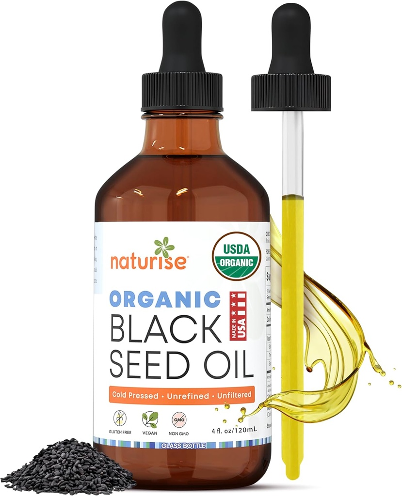 USDA Black Cumin Seed Oil Organic – Nigella Sativa Black Seed Oil Organic Cold Pressed & Unrefined in Glass Bottle – Vegan, Non-GMO Blackseed Nails & Hair Growth Oils (4 fl oz)