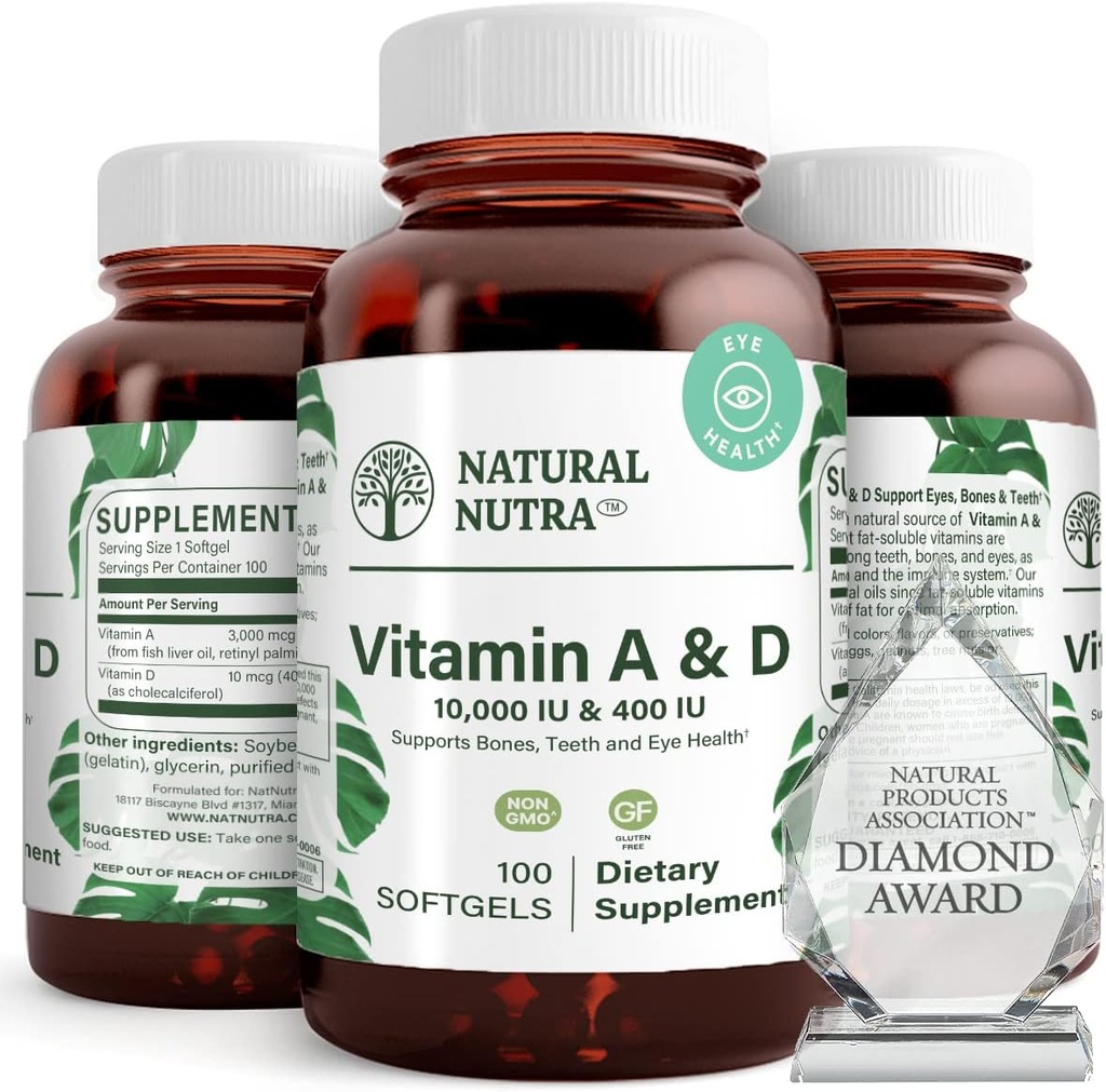 Natural Nutra Vitamina A și D, susține sănătatea osoasă și îmbunătățirea sănătății ochilor, promovează dinții puternici, îmbunătățește vitalitatea, sursă de ulei de ficat Cod, susține sănătatea generală, 10000UI/400UI, 100 Softgels