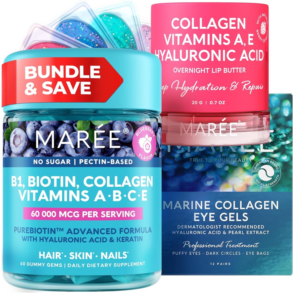 MAREE Bundle - Vitamina B1 Gummies de Thiamine, Máscara Lip, Under Eye Gels - A, E, D, C Vitaminas - Collagen & Hyaluronic Acid - Complexo para a pel, Nails, Cabelo - Máscara para os labios secos - xeles para ollos puffy