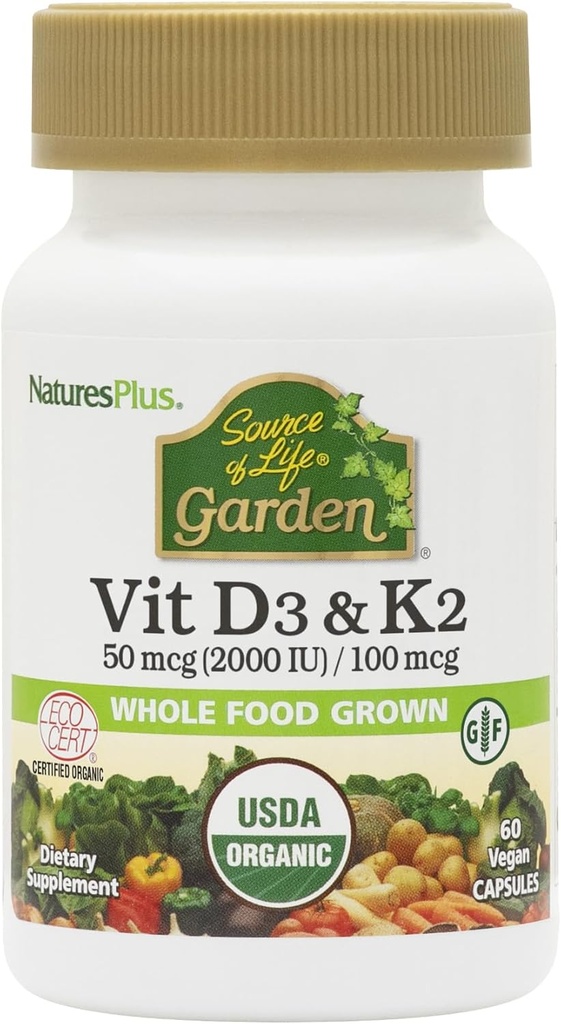 Nature Plus Source of Life Garden Witamina D3 & K2- 60 Kapsułki wegetariańskie - Promotes Bone Support, Immune Function, Cardioviral Health & Mood Balance - Wegan, Gluten Free - 60 Sługi