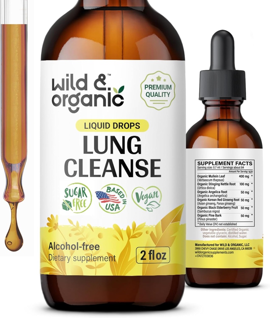Wild & Organic Lung Cleanse Tincture - екстракт от Mullein Leaf за белите дробове - билкови Detox добавки - Веган, Sugar & Alcohol-Free Mullein Капки - 2 fl oz