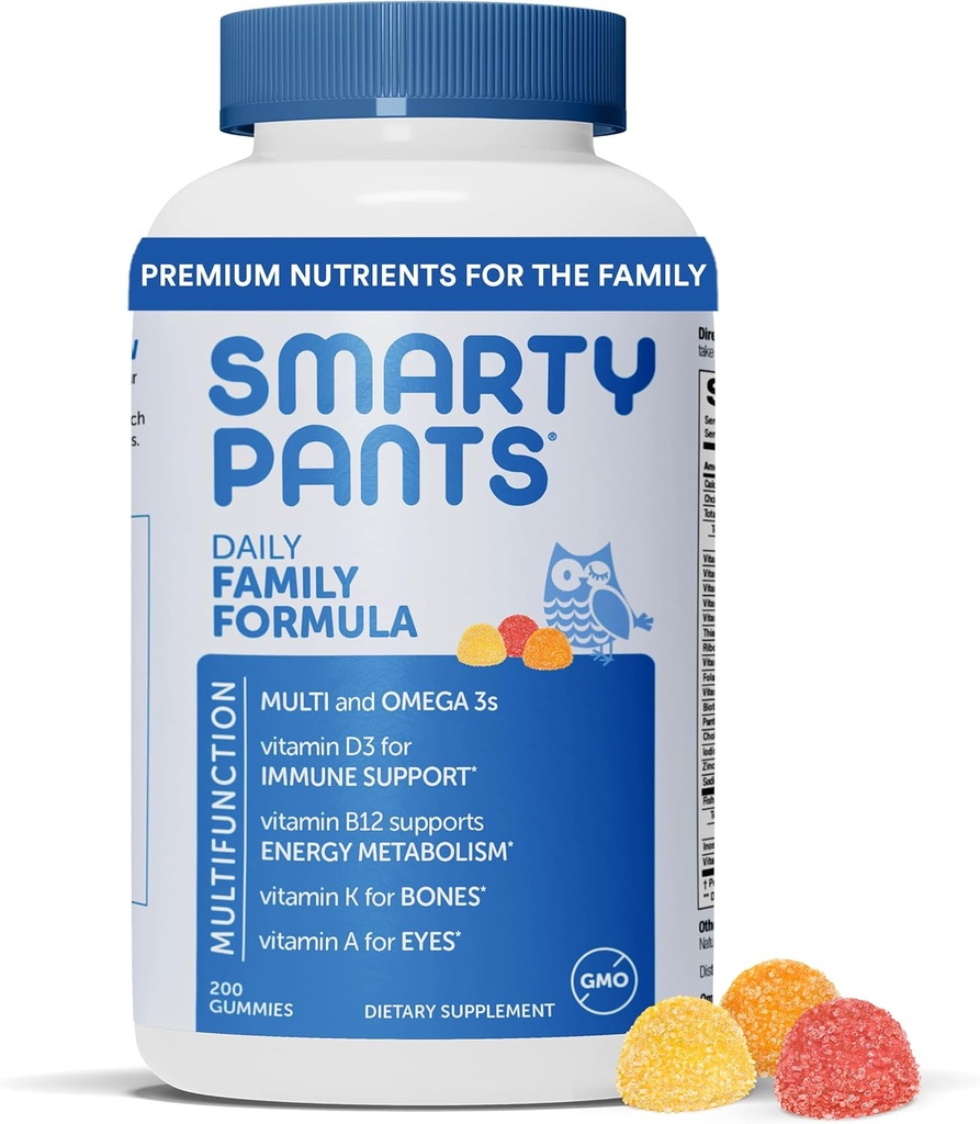 SmartyPants Multivitamiini miesten, naisten ja lasten: vitamiini Gummies Omega 3 kalaöljy (EPA/DHA), metyylifolaatti, D3-vitamiini, C-vitamiini, B12-vitamiini, B6, A-vitamiini, K & Sinkki, 200 Count (30 päivän tarjonta)