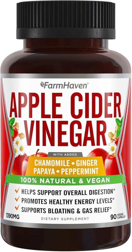Ginger, Papaya & Chamomile ilə Apple Cider Vinegar Kapsüller | 1390mg | İnkişaf Digestion, Enerji, Immunity | Soothes Gas & Bloating Issues | Like with Mother | Non-GMO & 100% Natural | 90 Capsules