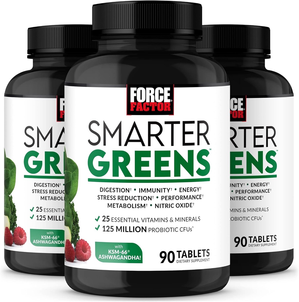 FORCE FACTOR Smarter Greens Tablets, 3-Pack, Greens Supplement con 25+ Superfoods e Antioxidantes para mellorar a dixestión, reducir o estrés, fortalecer a inmunidade e apoiar o metabolismo, 270 Tablets