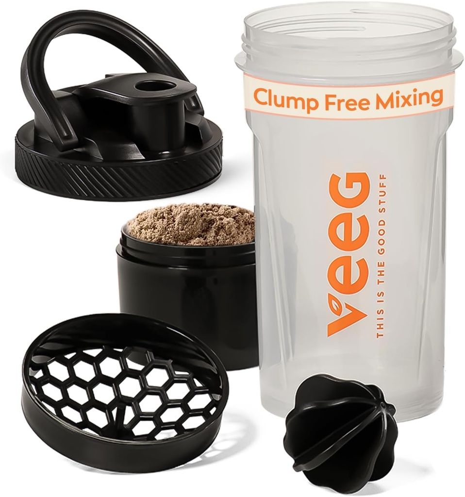 Veeg Shaker pullot Protein Mixes, Protein Shake pullo sekoituspallo, siivilä, säilytyslokero. 24 oz kuntosalin ravistin pullo, Flip Top Lid, Carry Handle. BPA-vapaa, Vuodonkestävä, Astianpesukone turvallinen.