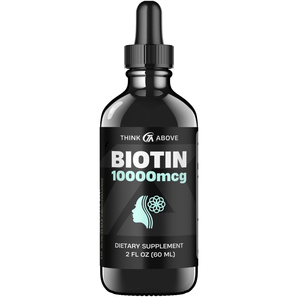 Think Above Liquid Biotin 10,000 mcg with Vitamin C – High Potency Hair, Skin & Nail Support – Fast Absorption Biotin Drops – 60 Day Supply – 2 oz