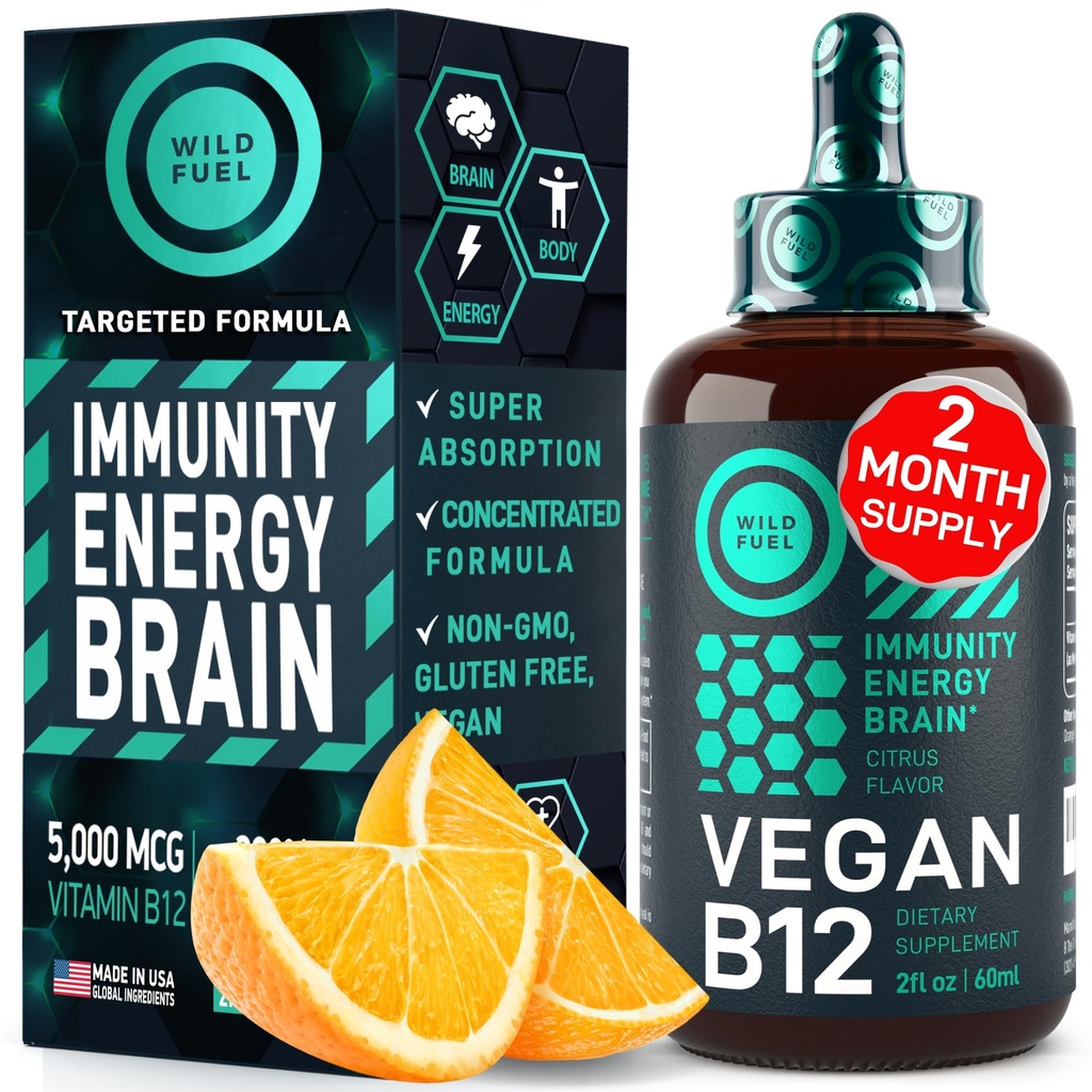 Vegan Vitamin B12 Liquid Drops - Fast-Acting 5000 mcg Methylcobalamin B12 Sublingual Supplement - Energy, Memory and Mood Support - High-Potency One-Dropper Per Day - Natural Citrus Flavor - 2oz