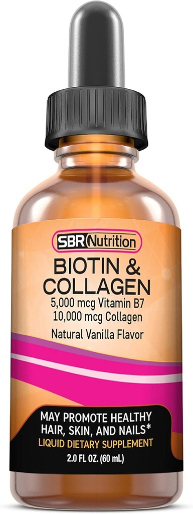 SBR Nutrição Biotina e Colágeno Líquido Suplemento dietético diário, Vitaminas para o crescimento e espessamento do cabelo, Saúde da pele e força das unhas, 2 onças (60ml)