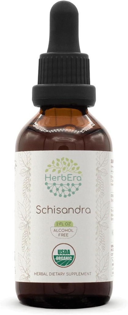 HerbEra Schisandra B60 USDA Tintura Orgânica Extrato Livre de Álcool, Drops de Ervas de Alta Potência, Suplemento Líquido, Certified Organic Schisandra (Schisandra Chinensis) Berry seco (2 onças)