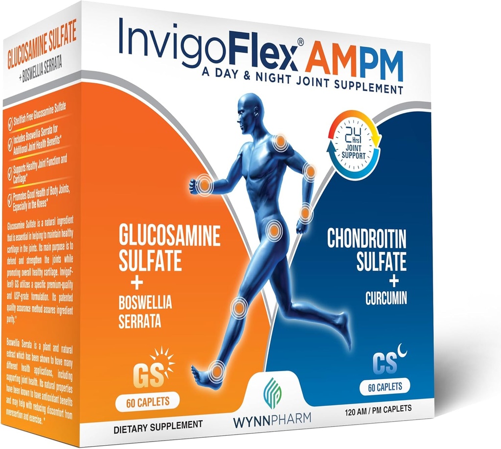 INVIGOFLEX® AMPM - Glucosamine & Chondroitin Sulfate - Turmeric Curcumin - Boswellia Serrata (Non GMO) Knees, Hands, Back and Hip 24 - Hour Premium osagarri bateratua
