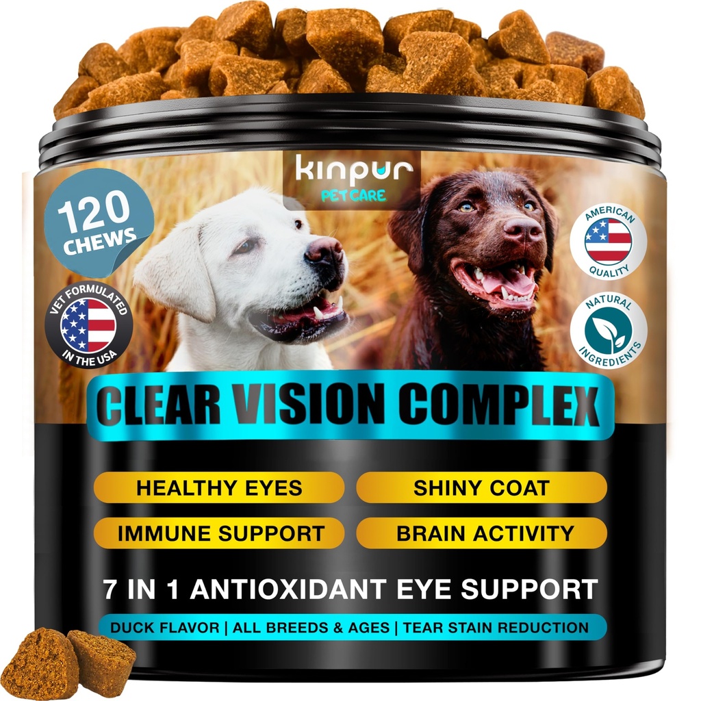 Clear Vision Eye Vitamins for Dogs – 4‑in‑1 Lutein, Lycopene, Vitamin C, Carrot & Fish Oil Vision Support for Senior & Adult Dogs with Cloudy Eyes & Tear Stains, Soft Duck Chews, 120 Tasty Treats